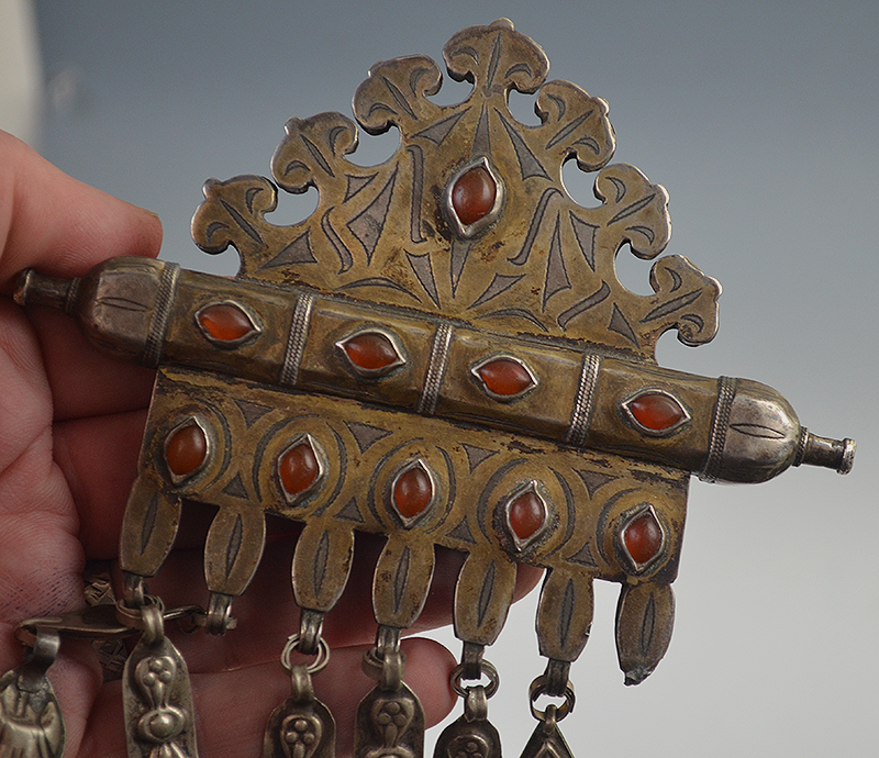 Silver Turkman "Mountain" Pendant with Gilt & Tassels