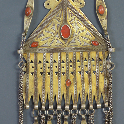 Silver Turkman Triangle Pendant with Tassels and Gold Wash